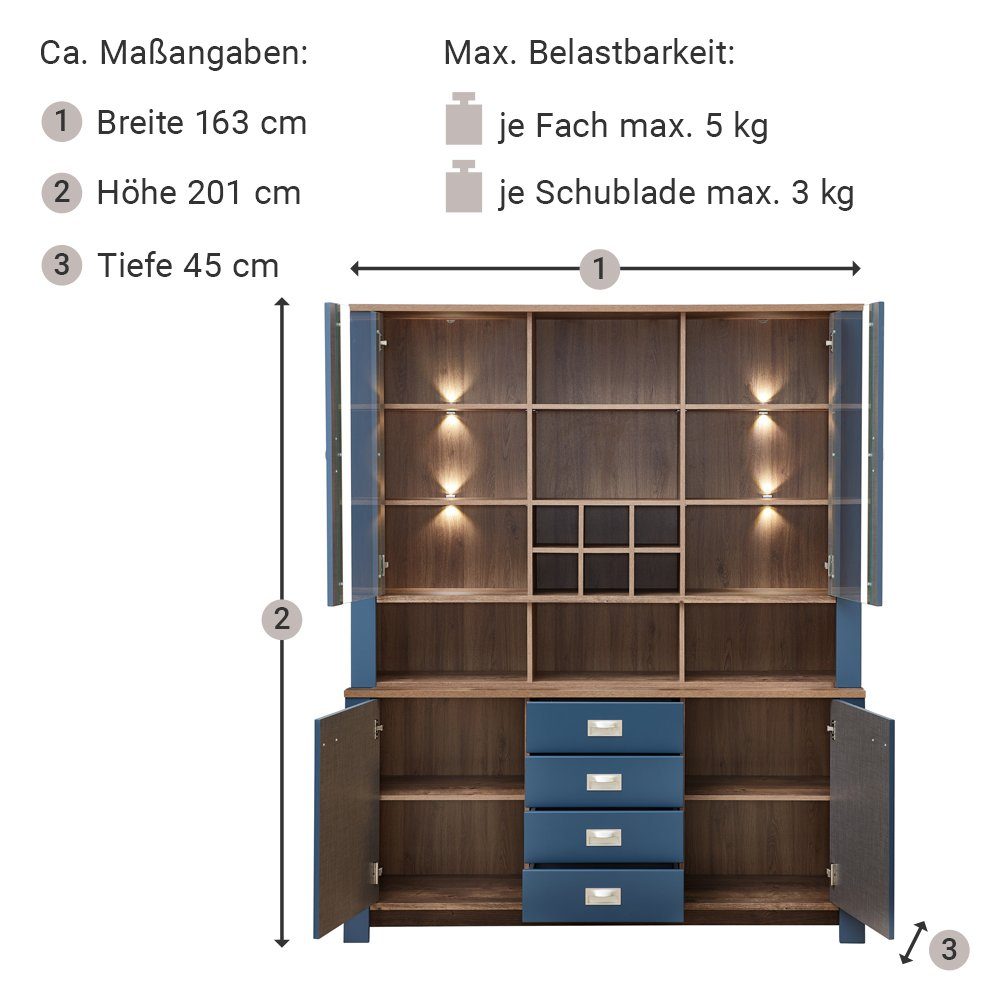Lomadox Buffet DEVON-36 Landhaus in blau mit Details in Eiche Nb., inkl. LED Beleuchtung