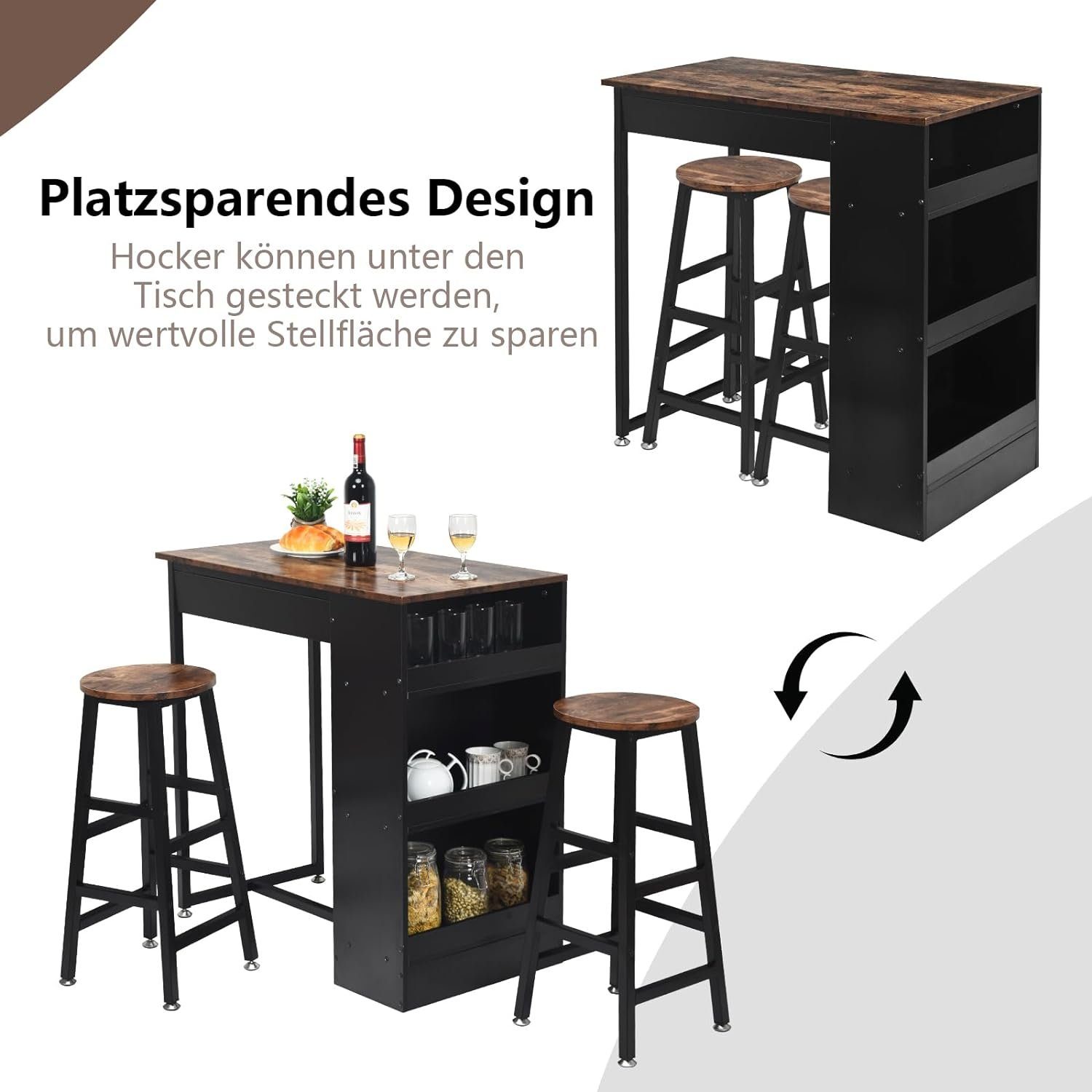 KOMFOTTEU Bartisch Thekentisch (Set 3-Teilig), mit 2 Barhockern & 3 Ablagen