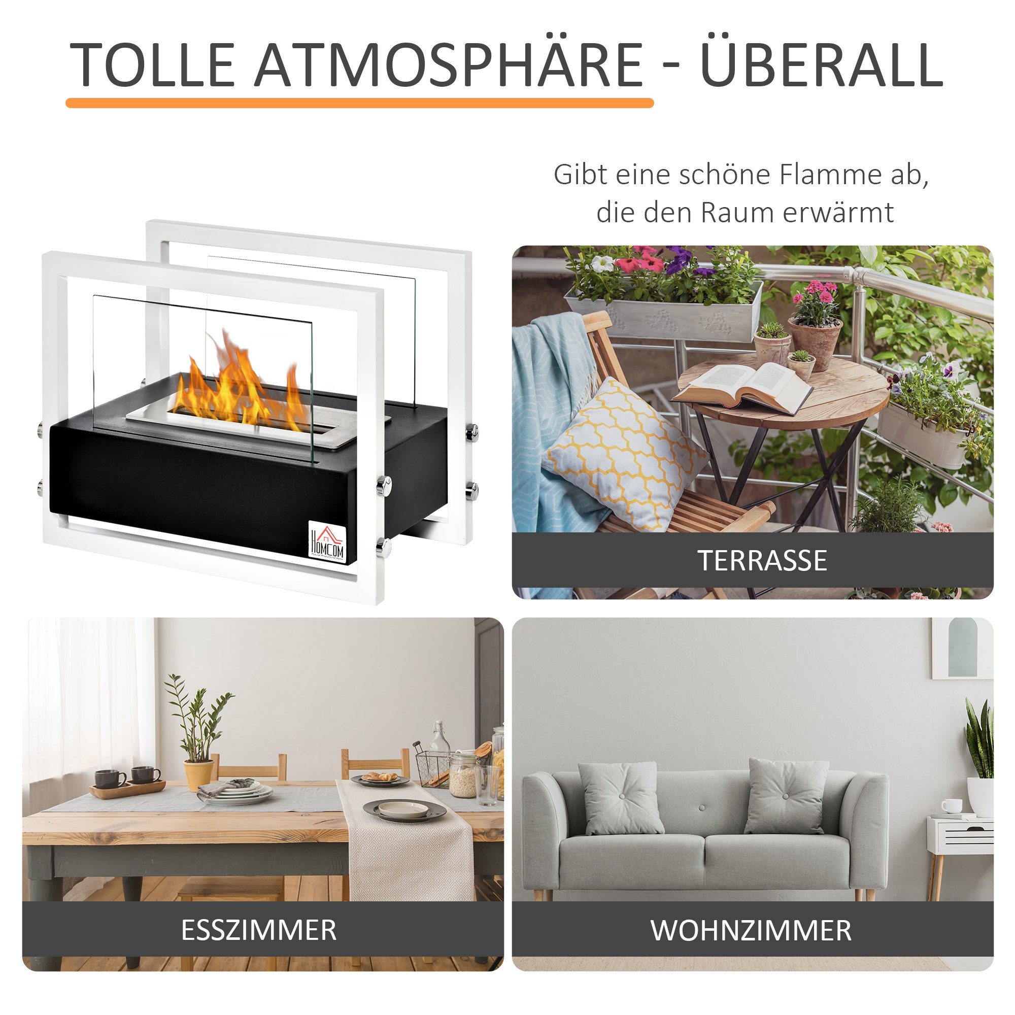 HOMCOM Echtfeuer-Dekokamin Ethanol-Kamin, Biokamin Bio Ethanol Brenner 1,5L kein Rauch Schwarz+Weiß