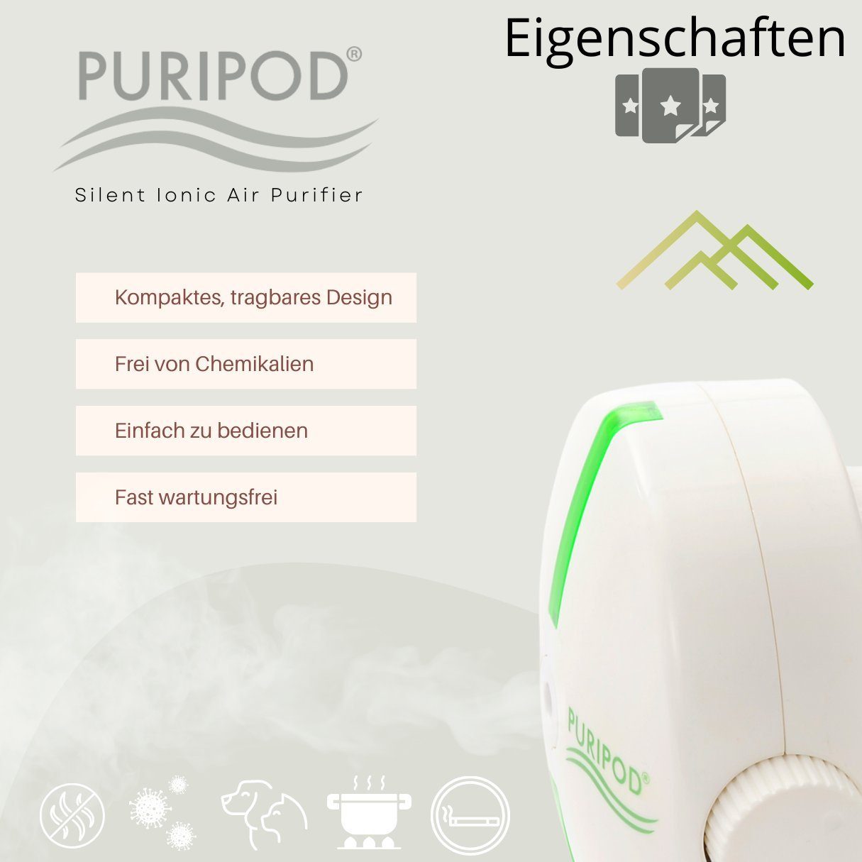 Best Direct® Luftreiniger PURIPOD® lautloser Ionen Luftreiniger, für 10 m² Räume, Keine Instandhaltung! Hilft gegen Haustiergeruch und Zigarettengeruch