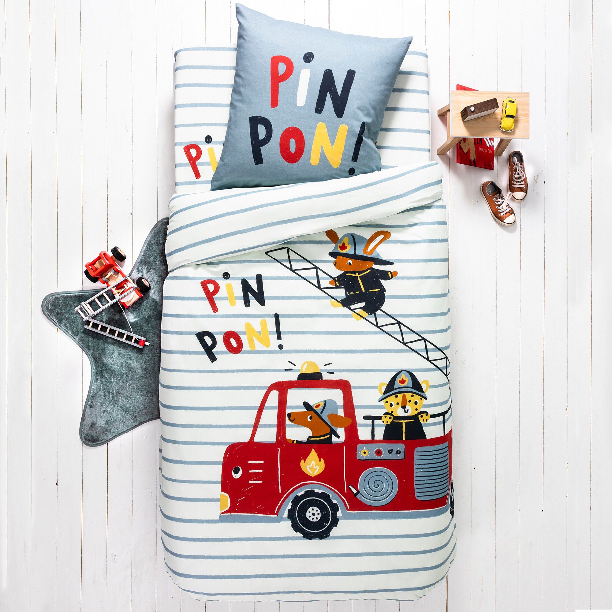 Linge de lit enfant à motifs Pompiers en coton
