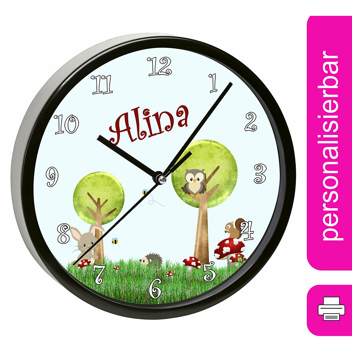 Kinder Wanduhr laufruhig personalisiert mit Name Waldwiese