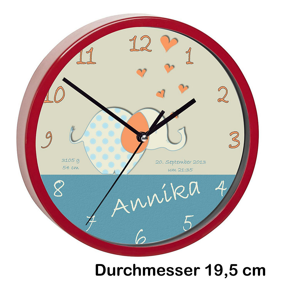 Kinder Wanduhr personalisiert mit Name Elefant orange blau