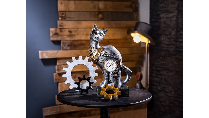 GILDE Poly Skulptur Steampunk Cat H=30cm silber
