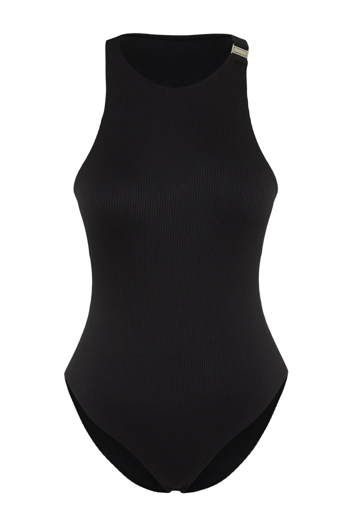 Trendyol Collection  Schwarzer, strukturierter Badeanzug mit Neckholder und Zubehör TBESS24MA00121