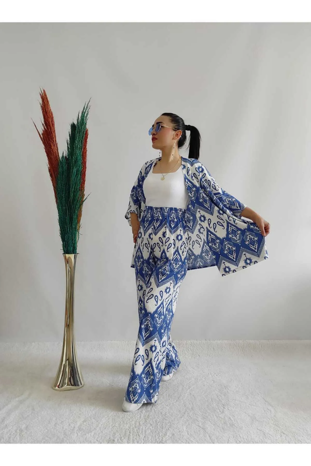 ZF BUTİK  Größe 10 Modisches gemustertes Doppel-Kimono-Set (bequeme Passform) 10nmr170