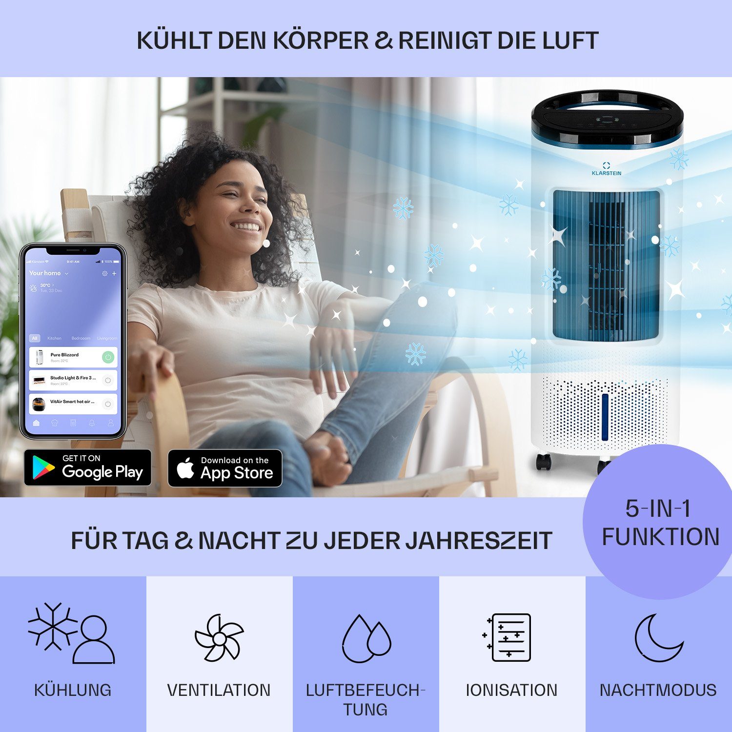 Klarstein Ventilatorkombigerät IceWind Plus Smart 4-in-1 Luftkühler, mit Wasserkühlung & Eis mobil Klimagerät ohne Abluftschlauch