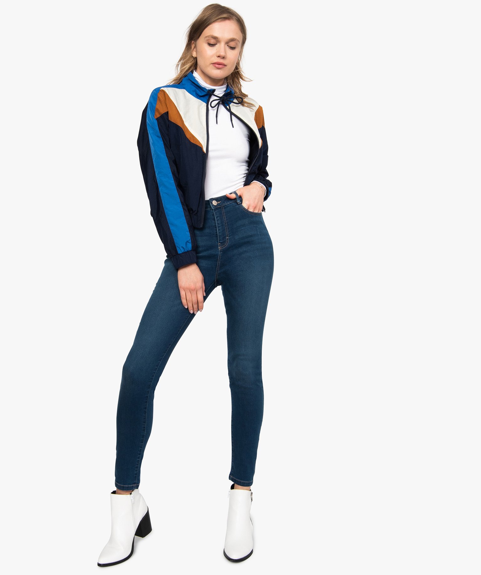Tee-shirt femme uni avec col roulé et manches longues blanc | GEMO