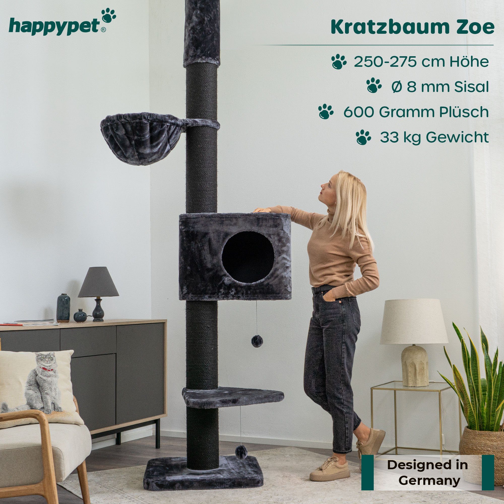 Happypet Kratzbaum MC2760, Gesamthöhe: ca. 250-275 cm, Haus: ca. 54 x 54 x 44 cm.
