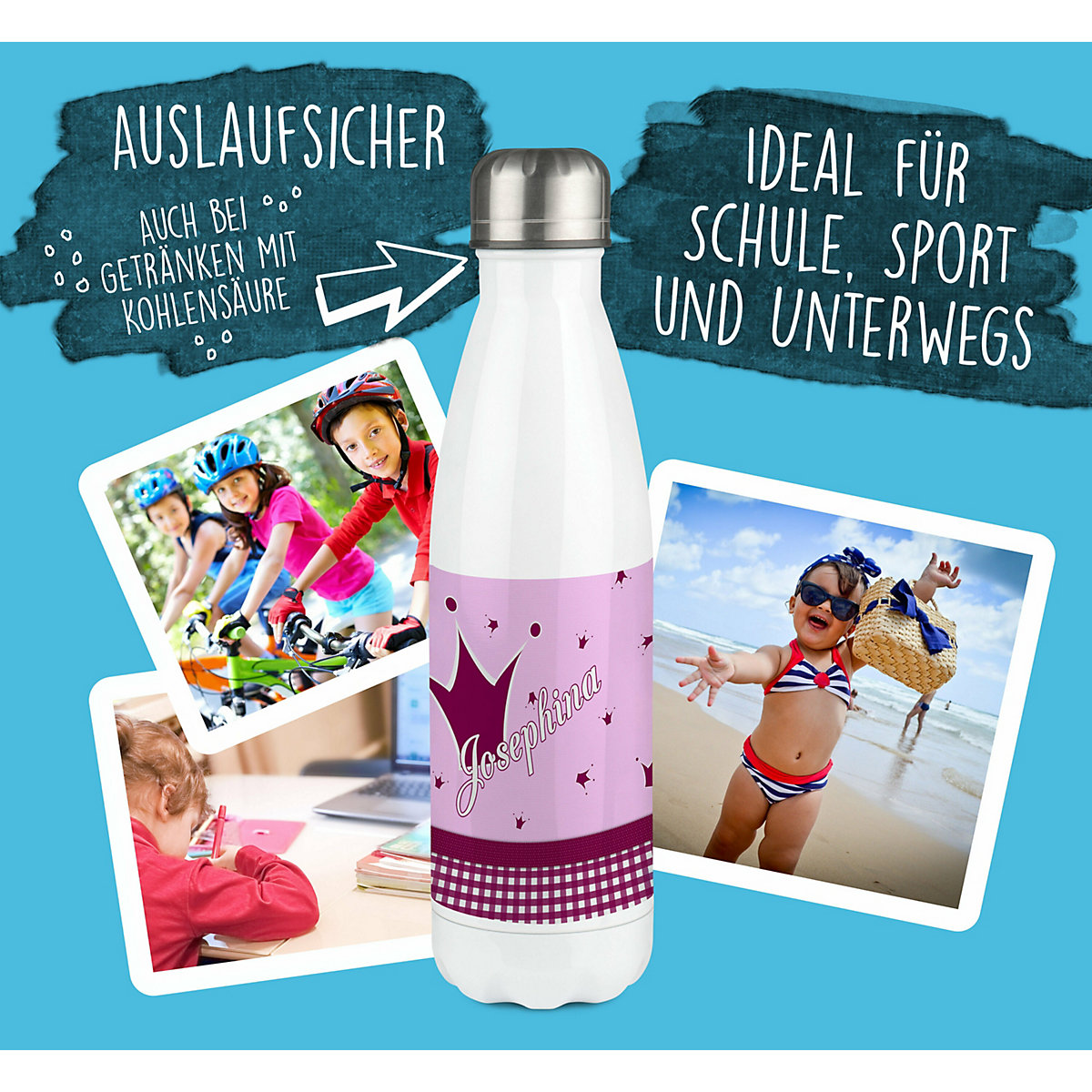 Edelstahl Kinder Thermoflasche / Trinkflasche bunt Krone Farbe brombeere Spülmaschinenfest, Auslaufsicher, Bruchfest, Doppelwandig, Für Heißgetränke geeignet, Mit Deckel, Isoliert