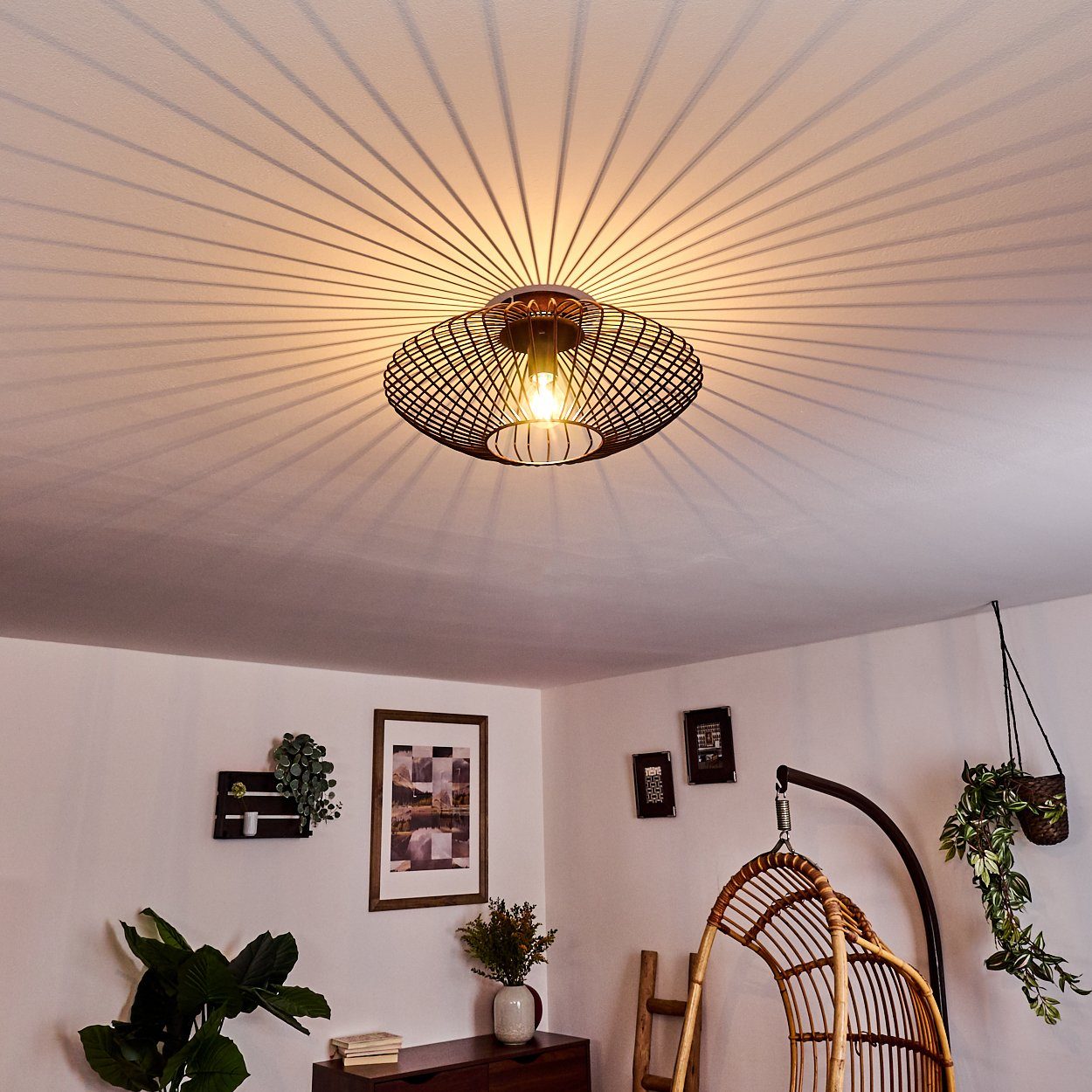 hofstein Deckenleuchte Pieris runde Deckenlampe aus Metall in Schwarz/Kupfer, ohne Leuchtmittel, E27, Retro-Leuchte mit Lichteffekt durch Gitter-Optik
