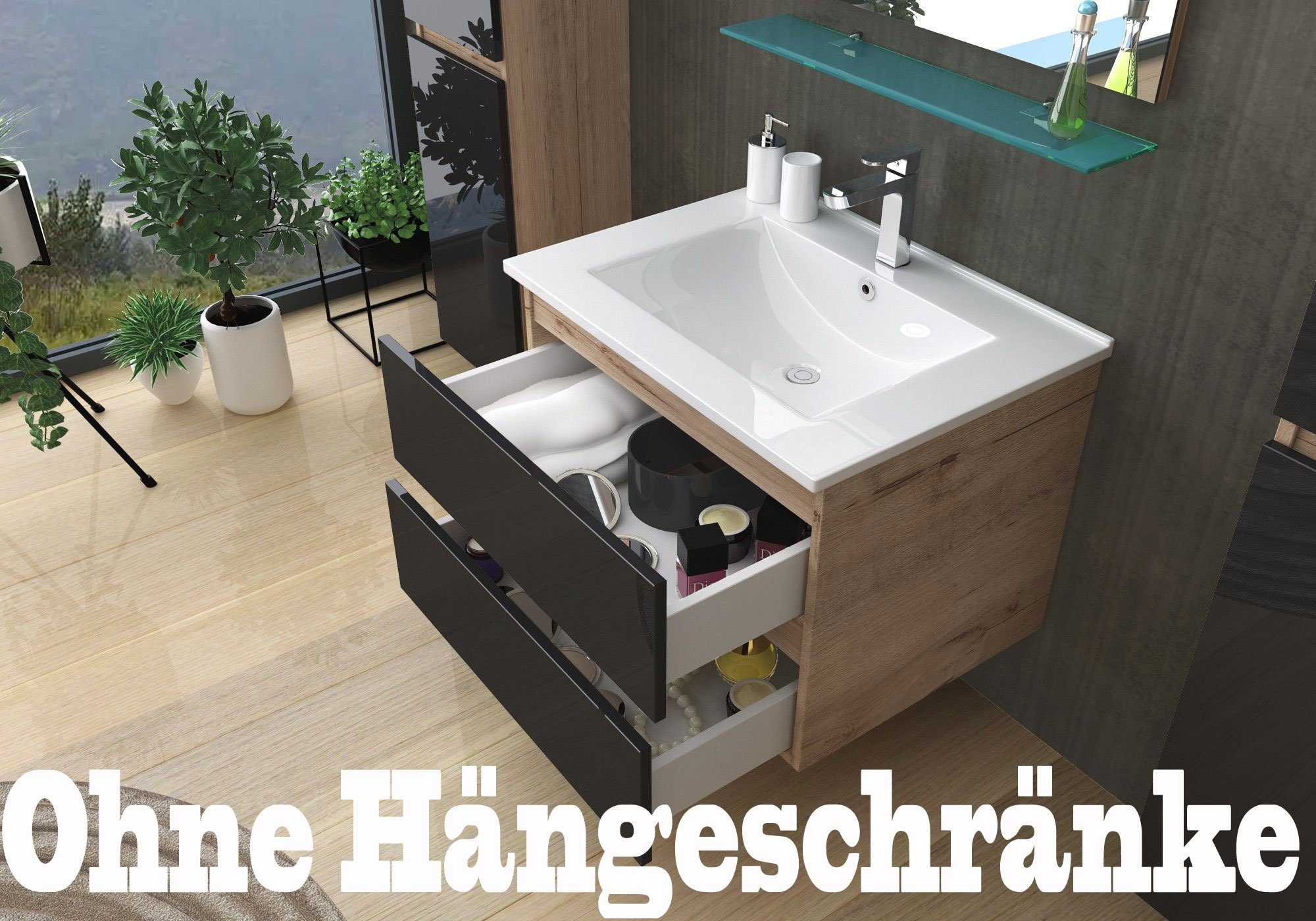 Homeline Badmöbel-Set Kaiser badmöbel, Set Eiche/Schwarz, (4-St., Bis 6 teilig), Hochglanz