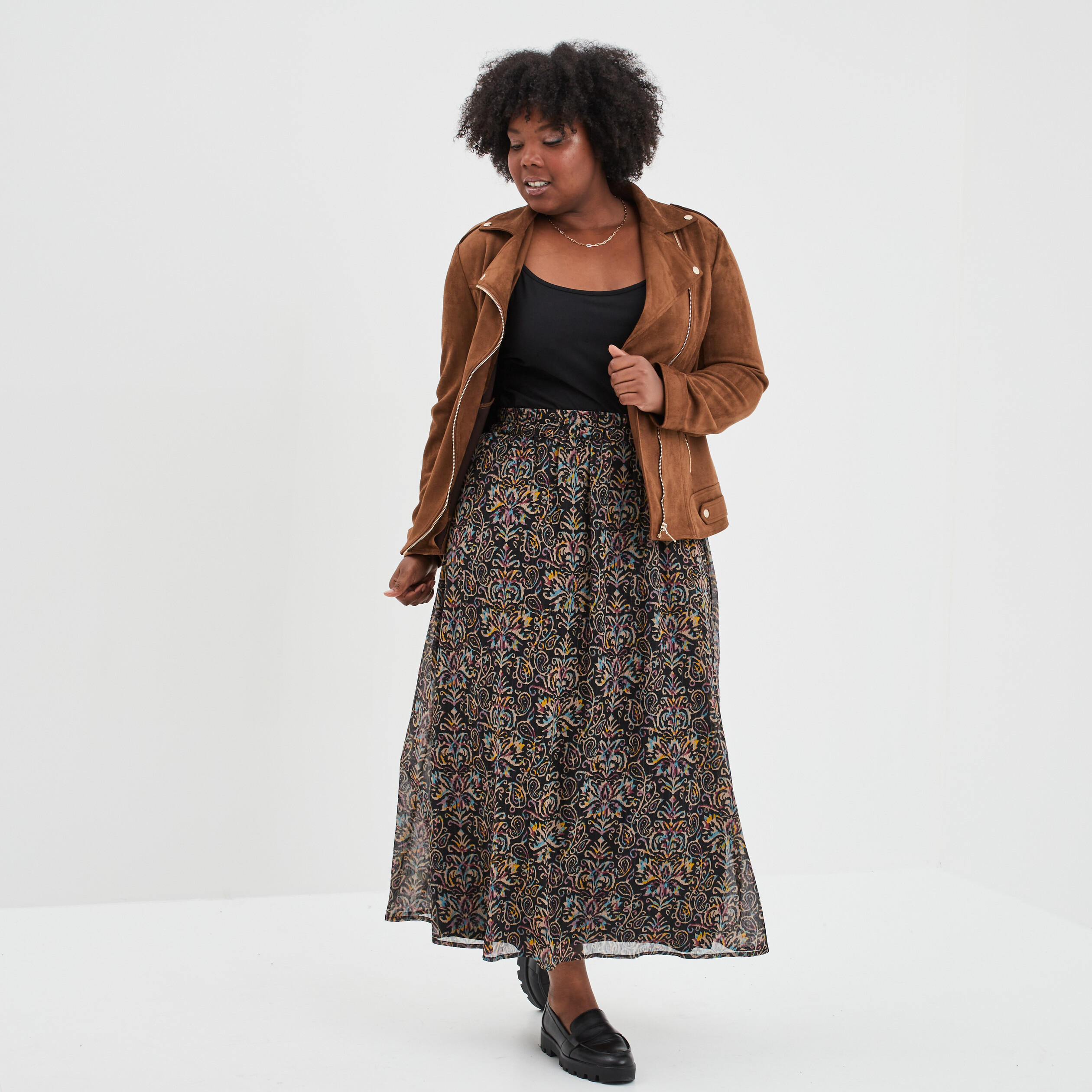Blouson zippé effet suédine style biker marron femme grande taille | La Halle
