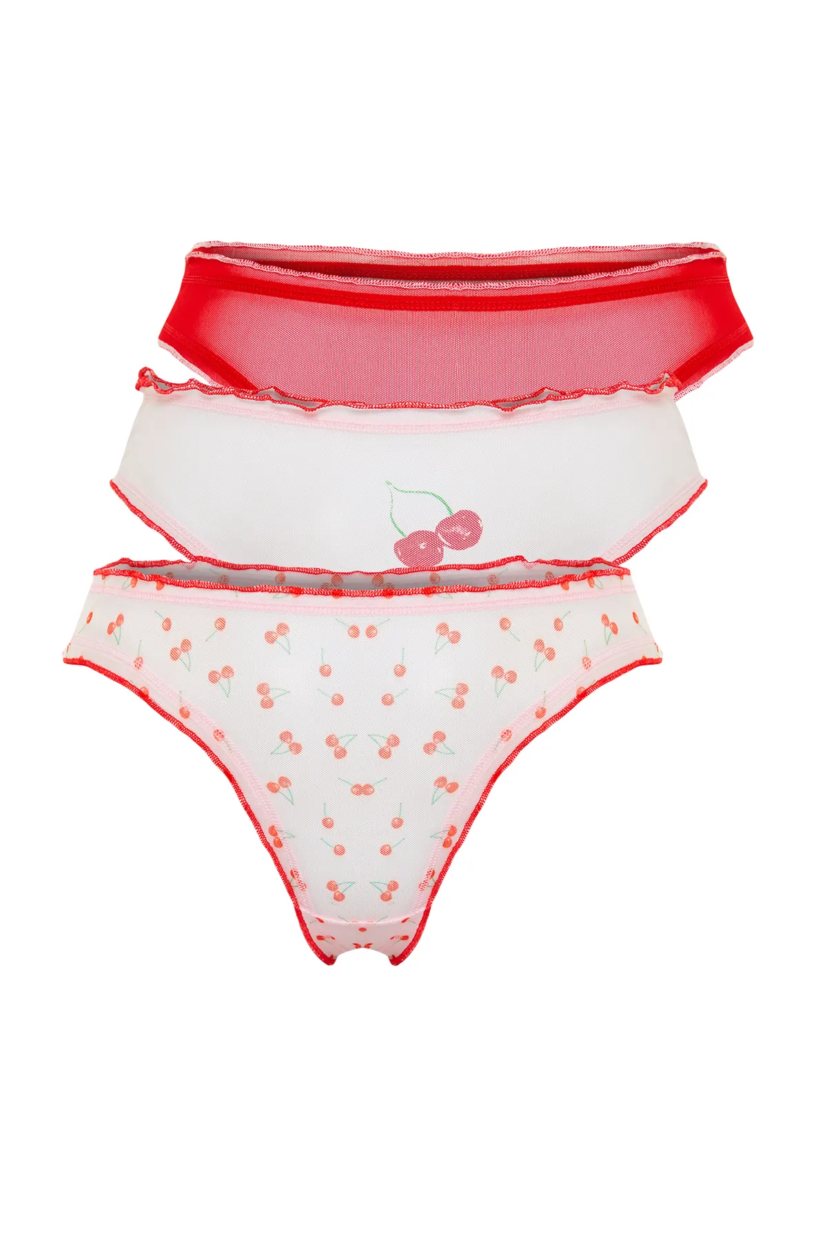 Trendyol Collection  3er-Pack gestrickte Tanga-Höschen mit Tüll-Print in Rosa-Mehrfarbig THMSS24KU00002