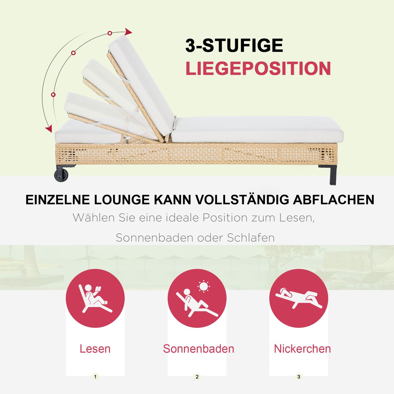 Outsunny Polyrattan Sonnenliege Gartenliege mit Kissen 3-stufig verstellbar Rattanliege Gartenmöbel Liege Stahl Natur 65 x 200 x 31 cm
