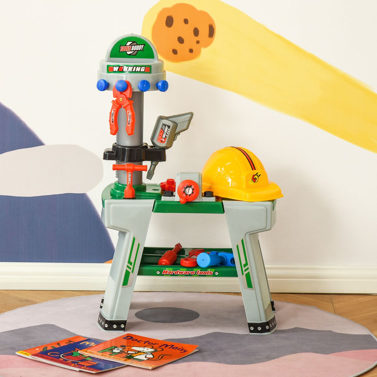 HOMCOM Kinder Werkbank Arbeitstisch Werkbanktisch mit 37 Zubehören Rollenspiel Spielzeug für Kinder von 3 bis 6 Jahren PP-kunststoff Grün Grau 44 x 26 x 71 cm