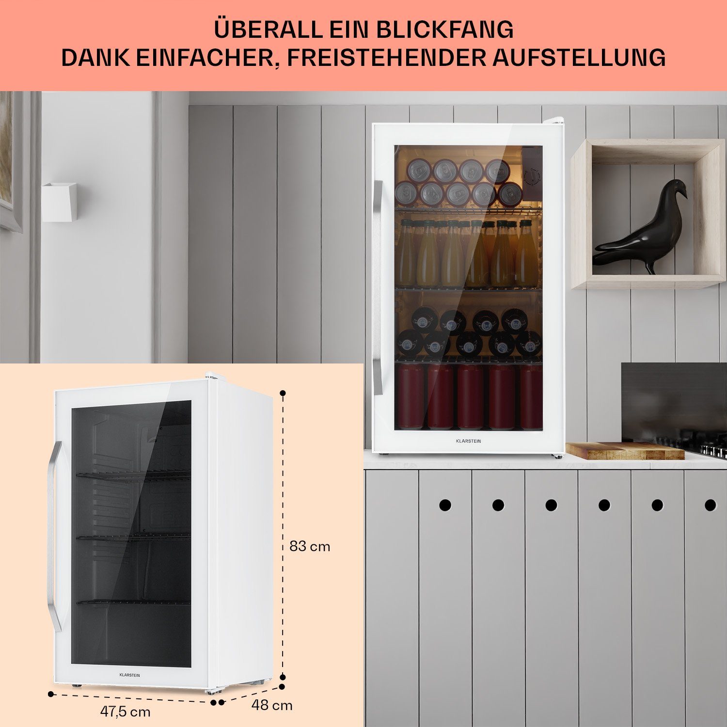Klarstein Getränkekühlschrank HEA-BeersafeXXL-Quar 10039427, 83 cm hoch, 47.5 cm breit, Bierkühlschrank Getränkekühlschrank Flaschenkühlschrank mit Glastür