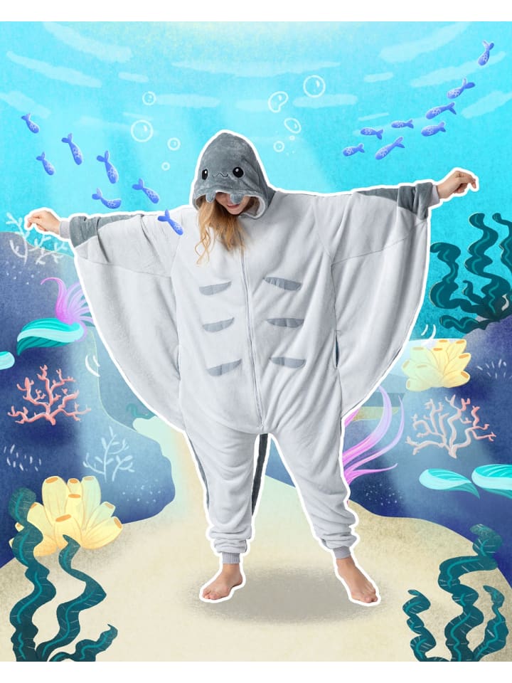 Corimori Flauschiges Manta Rochen-Kostüm für Erwachsene mit Haarreif | Kostüm Onesie in Grau günstig kaufen