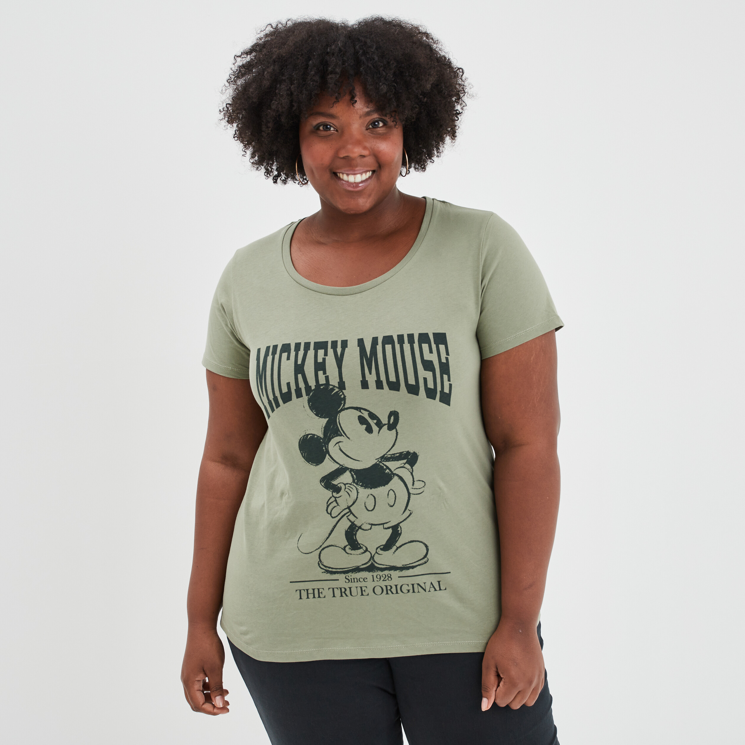 T-shirt col rond manches courtes Mickey vert kaki femme grande taille | La Halle