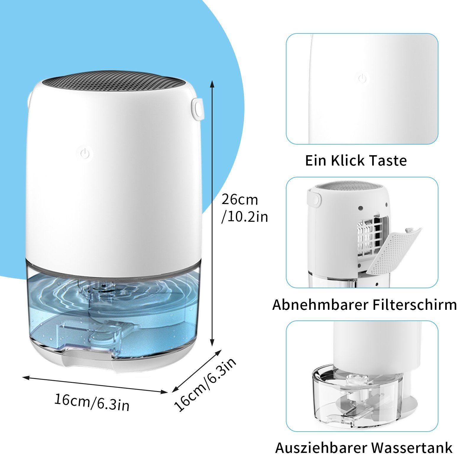 TWSOUL Luftentfeuchter Kleiner Luftentfeuchter für den Hausgebrauch, für 30 m³ Räume, Tank 1,10 l, Schnelle Entfeuchtung, energiesparend