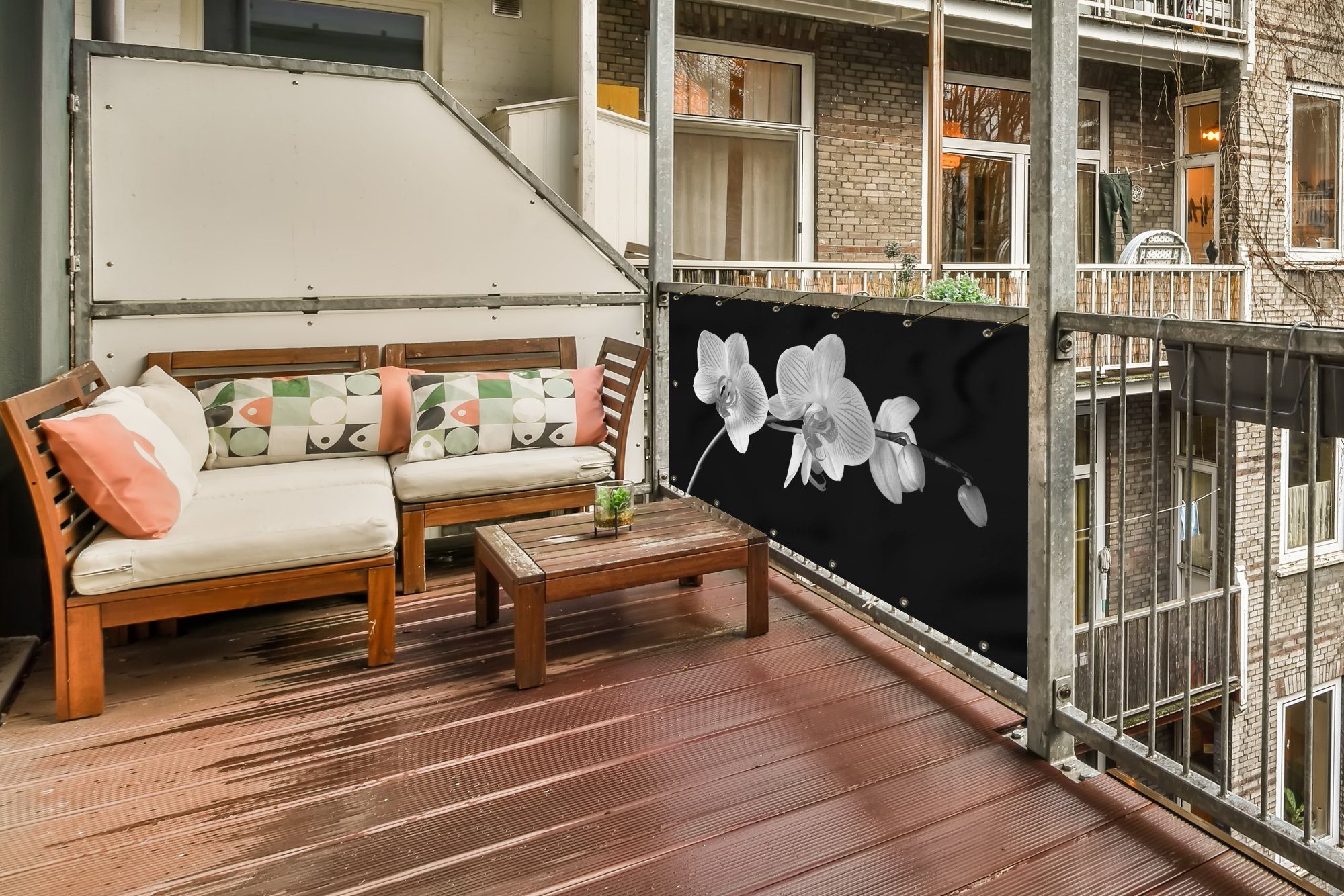 MuchoWow Balkonsichtschutz Orchidee - Blumen - Schwarz - Rosa - Knöpfe (1-St) Balkonbanner, Sichtschutz für den Balkon, Robustes und wetterfest