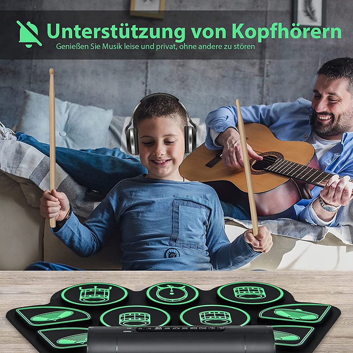 9 Pads E-Drum Roll-Up-Trommel mit 2 Pedale & 2 Drumsticks