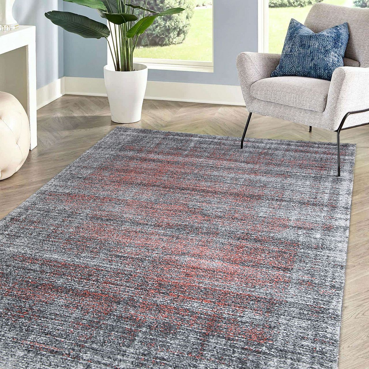 HOMCOM Teppich Kurzflor Grau-Koralle 190 x 133 x 1 cm