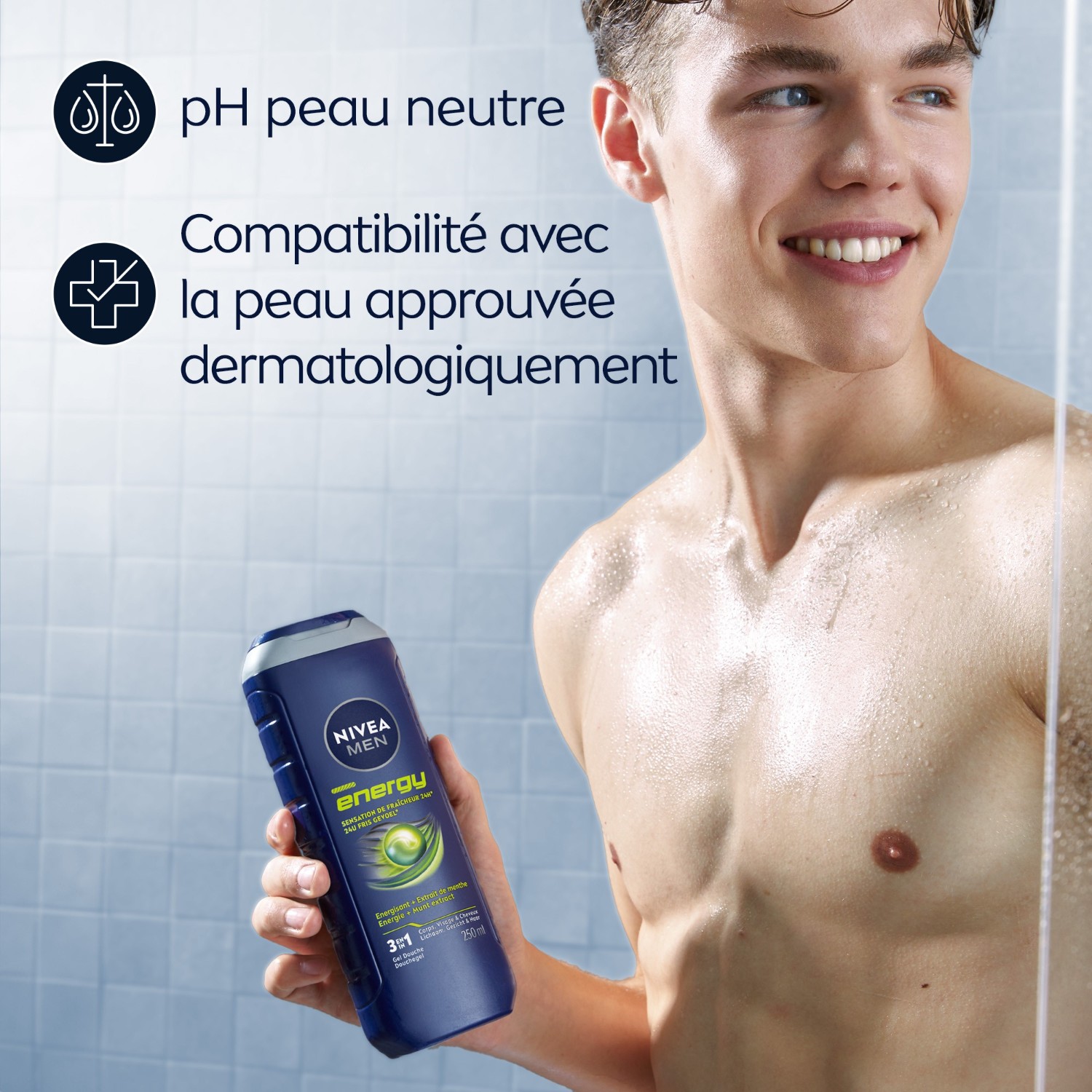Gel douche vivifiant NIVEA pour hommes, visage, corps et cheveux, extrait de menthe