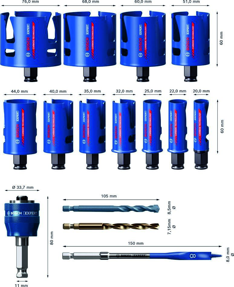 Accessoires Bosch Bleus 2608900489 Jeu de scies cloches Expert pour matériaux de construction, 20/22/25/32/35/40/44/51/60/68/76 mm, 15 pièces