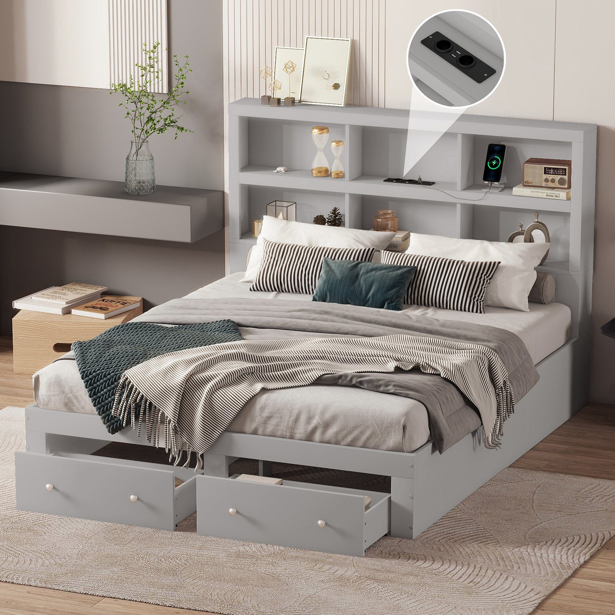 Merax Holzbett 160x200cm mit 6 Fächern und 2 Schubladen, Doppelbett Kingsize mit USB-Anschluss, aus Massivholz