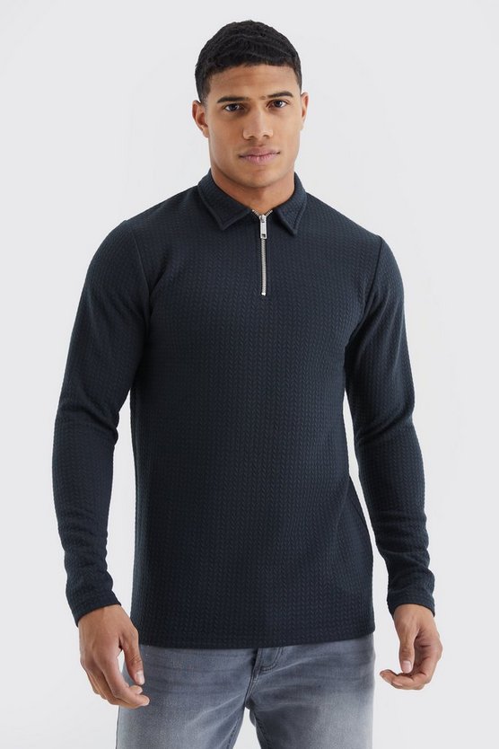 Langärmliges strukturiertes Slim-Fit Zopfmuster-Poloshirt