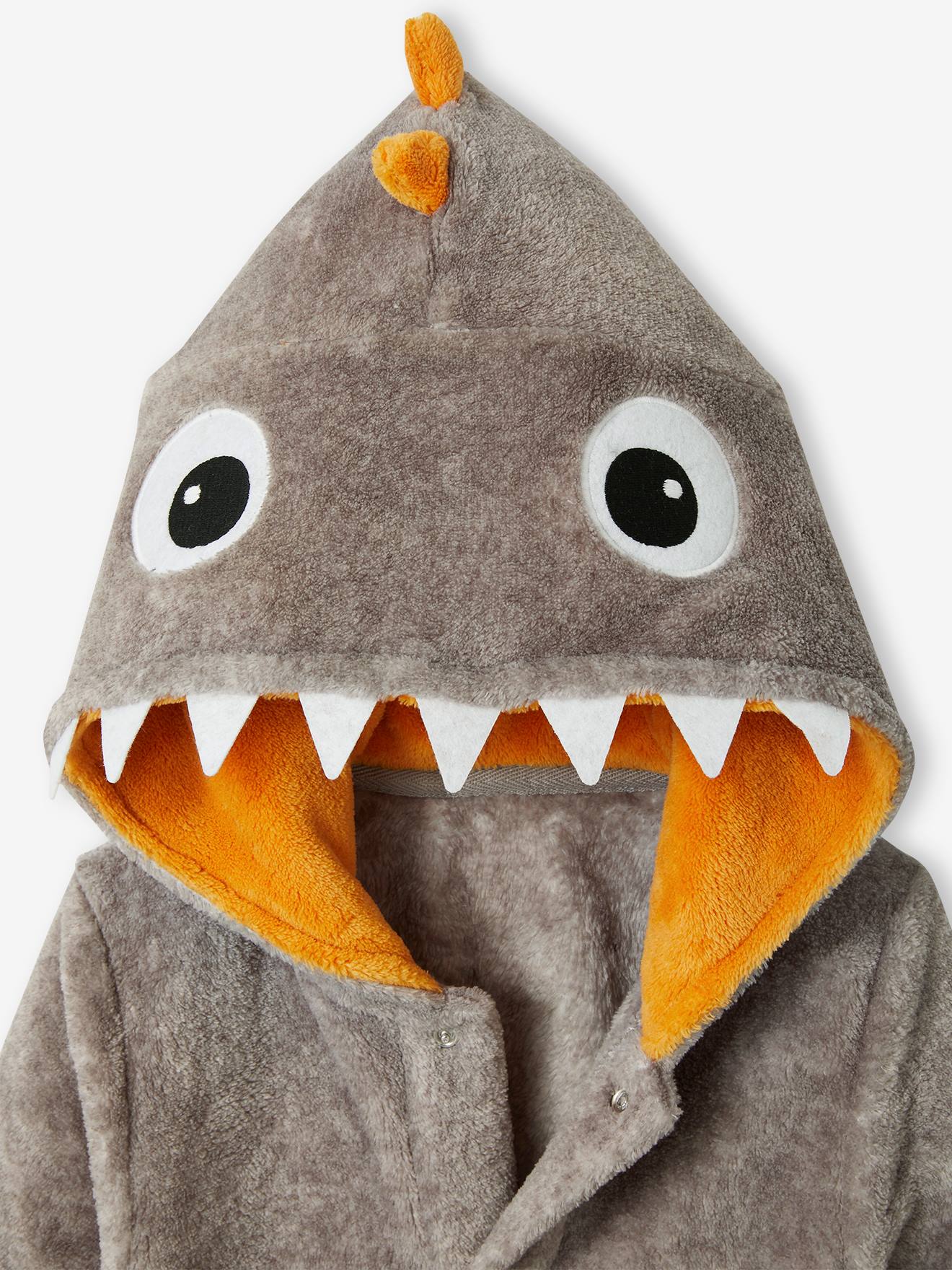 Vertbaudet Jungen Fleece-Morgenmantel, Dino - grau meliert