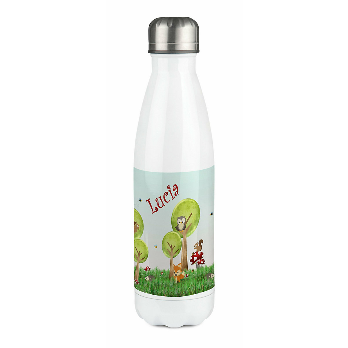 Edelstahl Kinder Thermoflasche / Trinkflasche bunt Waldwiese Spülmaschinenfest, Auslaufsicher, Bruchfest, Doppelwandig, Für Heißgetränke geeignet, Mit Deckel, Isoliert