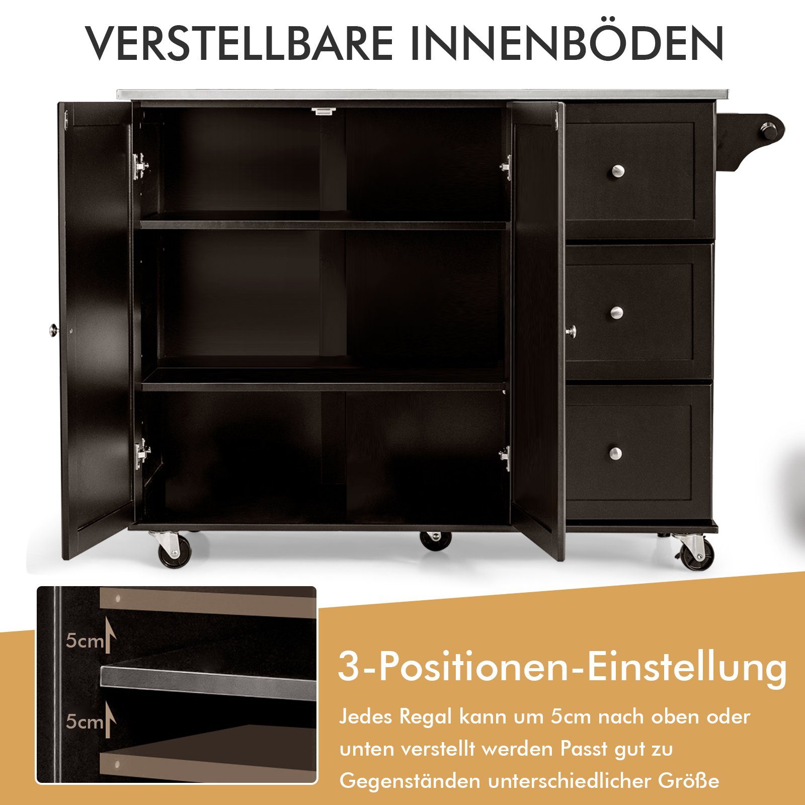 COSTWAY Küchenwagen, mit 3 Schubladen, Arbeitsplatte & verstellbarer Ablage