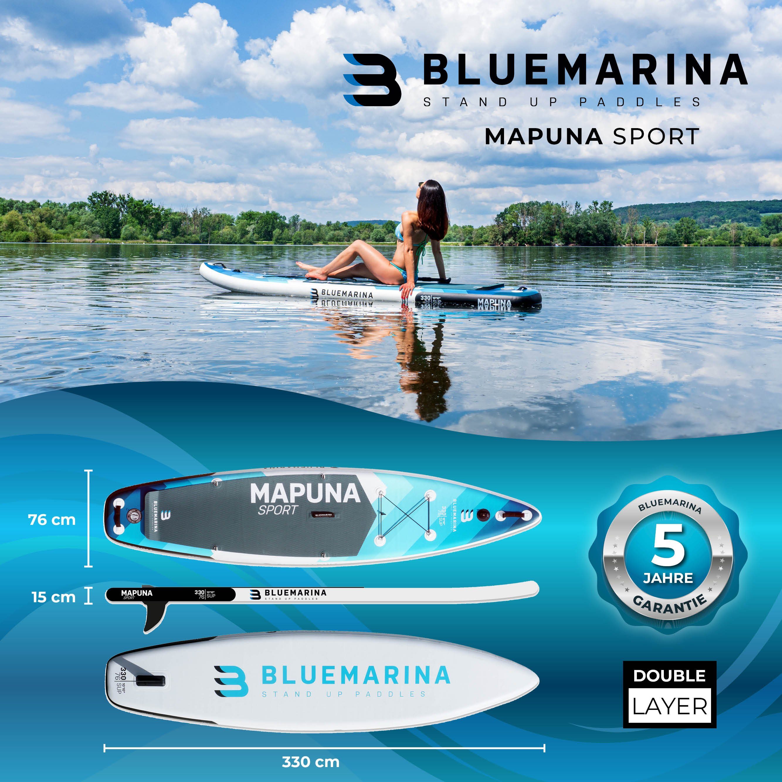 Bluemarina SUP-Board Aufblasbares Bluemarina SUP Board Mapuna inkl. 5 J. Garantie, Stand Up Paddle Board, (15 cm dick, 3 PVC Schichten, max 200 kg), Paddling board, Paddelboard, Surfboard, (100% Polyester -, 3 tlg., bis 200 kg - Double Layer - Kickpa