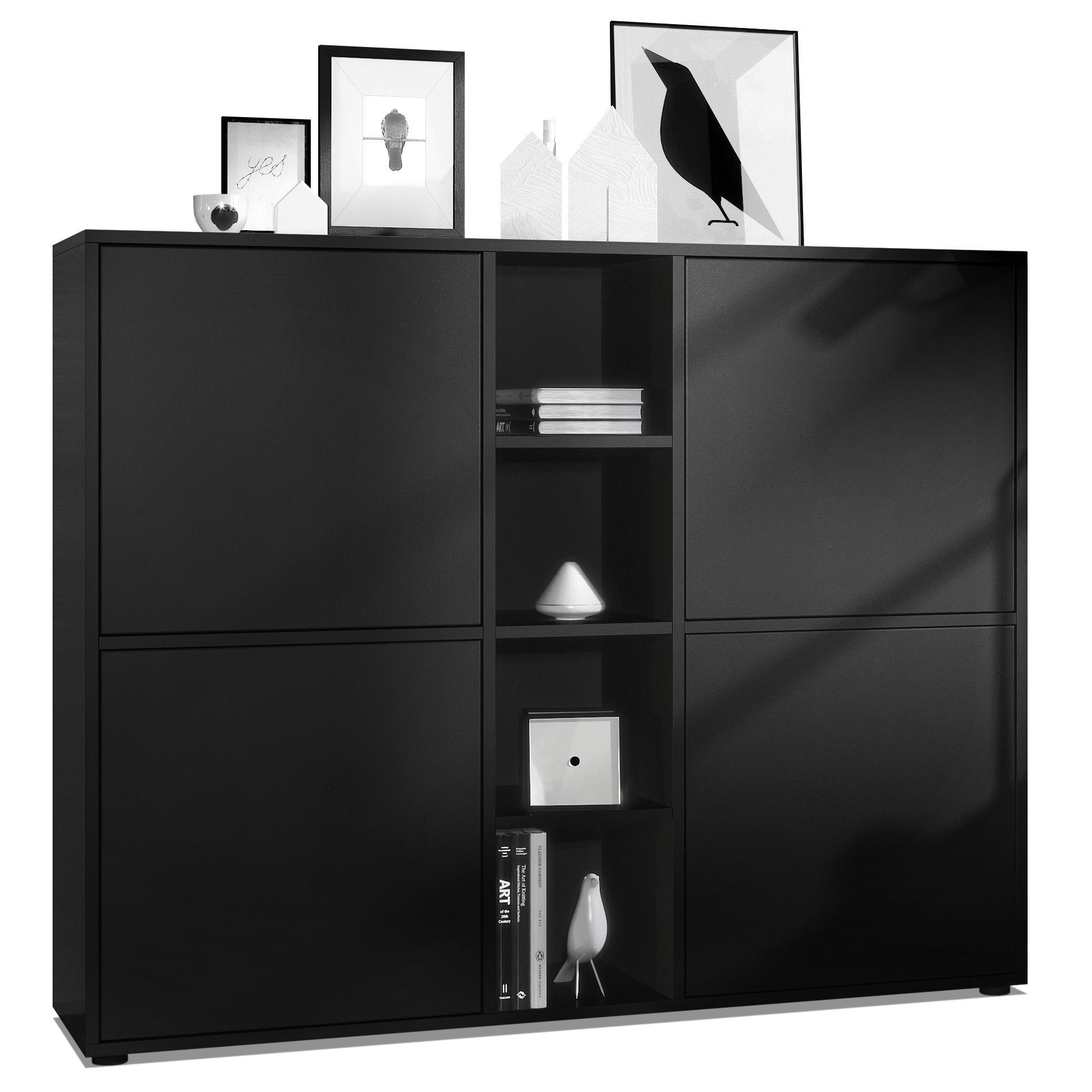 Vladon Highboard Cuba (Highboard, Schrank Anrichte Cuba V3 mit 12 Fächern), Korpus in Schwarz matt / Fronten in Schwarz matt (130,5x105,5x35,5 cm)