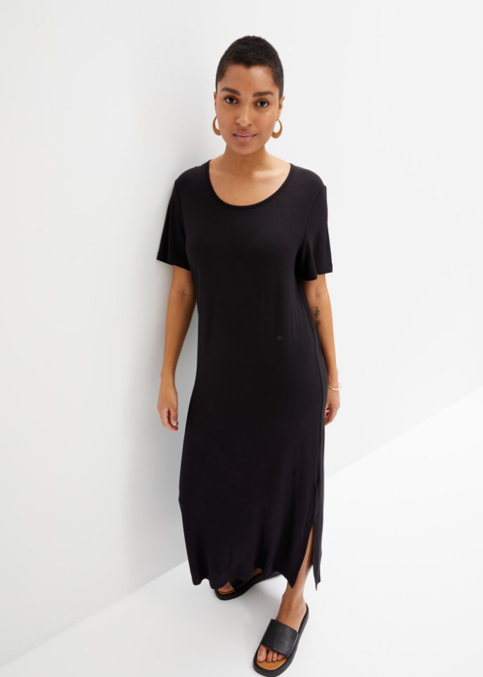 Bequem geschnittenes Shirt-Kleid mit Schlitz in Midi-Länge