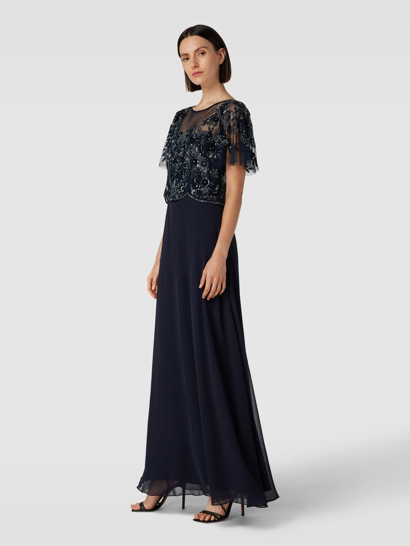 Abendkleid mit floraler Stickerei in dunkelblau