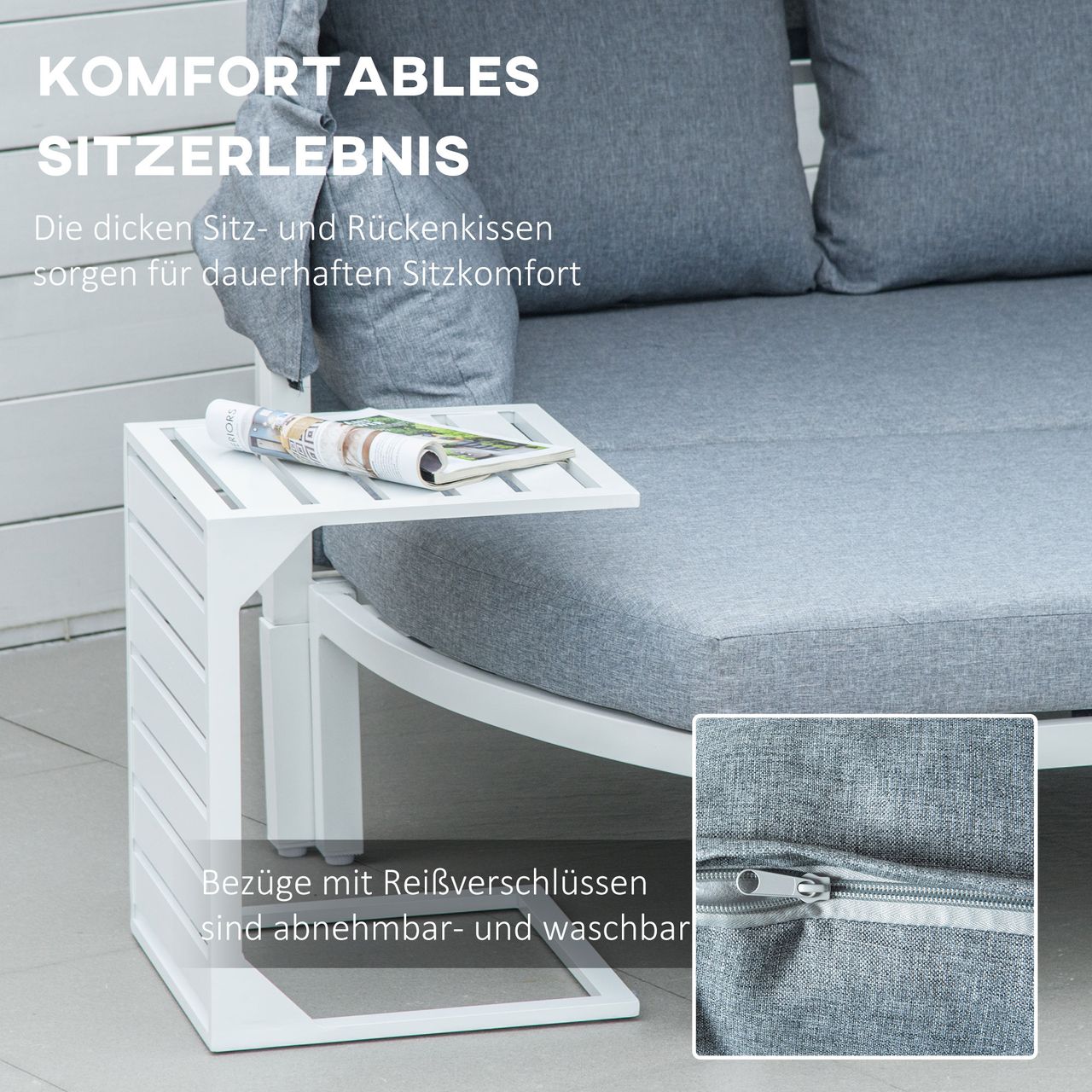 Outsunny 4-teiliges Gartenmöbel-Set mit Beistelltisch Dach Bank Balkonmöbel Set Sofa mit Kissen Outdoor Aluminium Weiß Grau