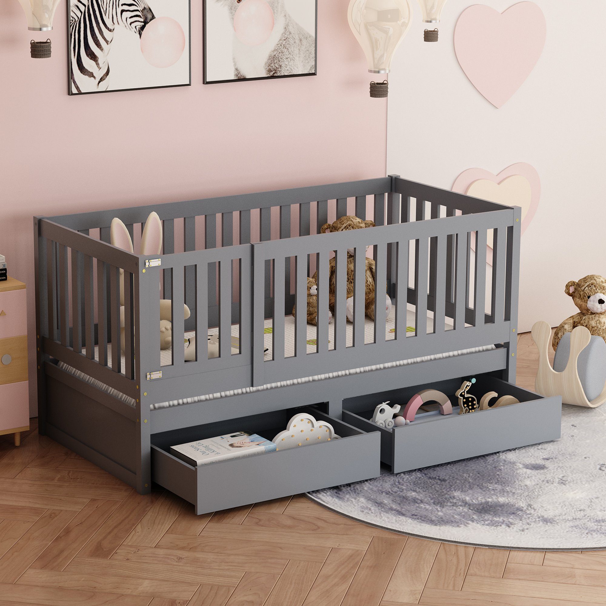 WISHDOR Babybett Baby Bett Kinderbett Jugendbett Holzbett Massivholzbett Bettgitter, 2-tlg., ohne Matratze mit Vollabtrennung Rausfallschutz 90x200 cm Massivholz