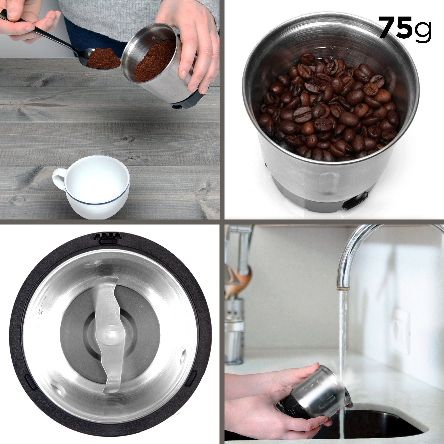 Duronic Kaffeemühle, CG250 Elektrische Propellermühle, Kaffeemühle mit 250 W, 75g Fassungsvermögen für 12 Tassen, Gewürzmühle mit Edelstahlklingen, Touch-Sensor, Für Kaffee Nüsse Gewürze Kaffeebohnen geröstet