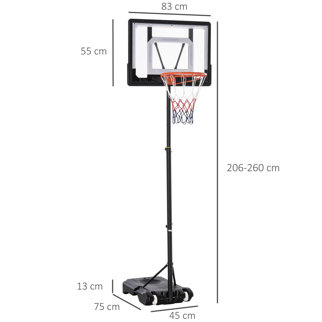 HOMCOM Basketballständer höhenverstellbar Basketballanlage mit Räder draußen Stahl PVC HDPE Schwarz 83 x 75 x 206-260 cm