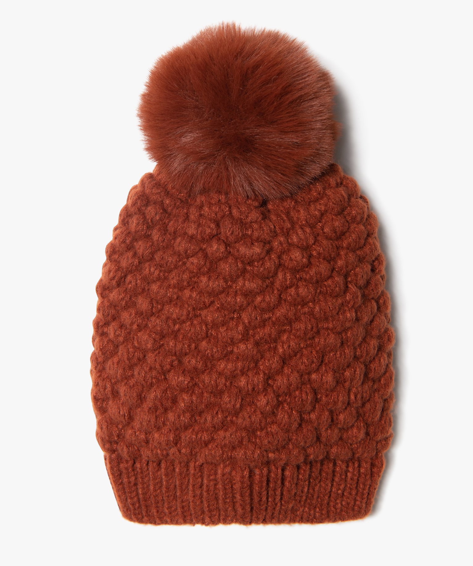 Bonnet femme en maille fantaisie avec pompon peluche orange | GEMO