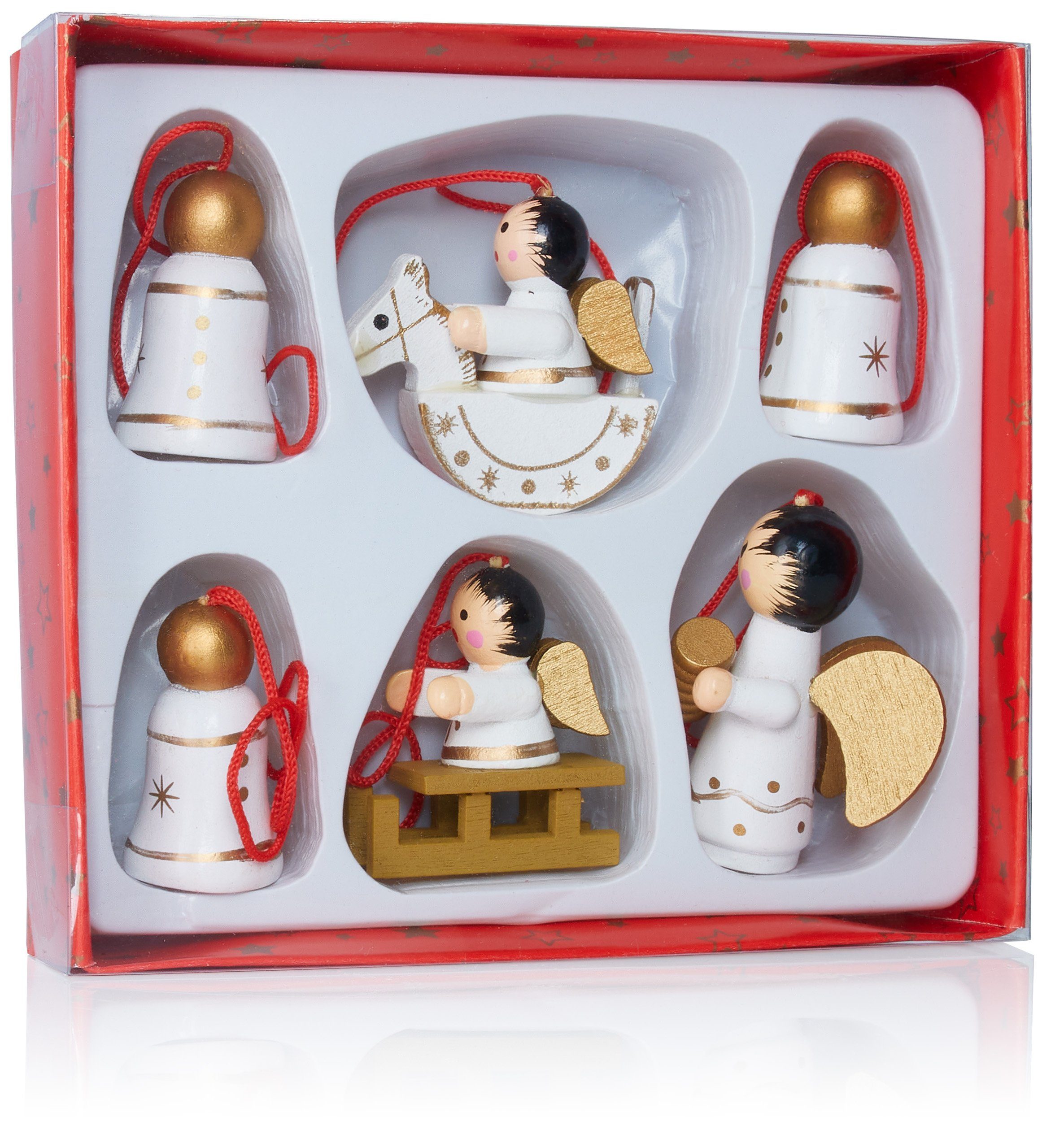 BRUBAKER Christbaumschmuck Christbaumanhänger Set Engel und Glocken (6-tlg), Natürlicher Holz-Baumschmuck, handbemalt, 4,5 cm hoch