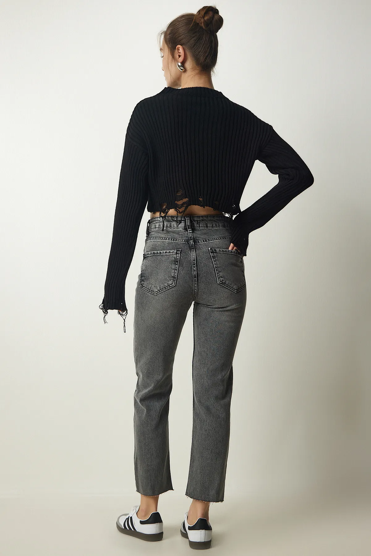 Happiness İstanbul  Graue Damen-Jeanshose mit hohem Bund CB00015