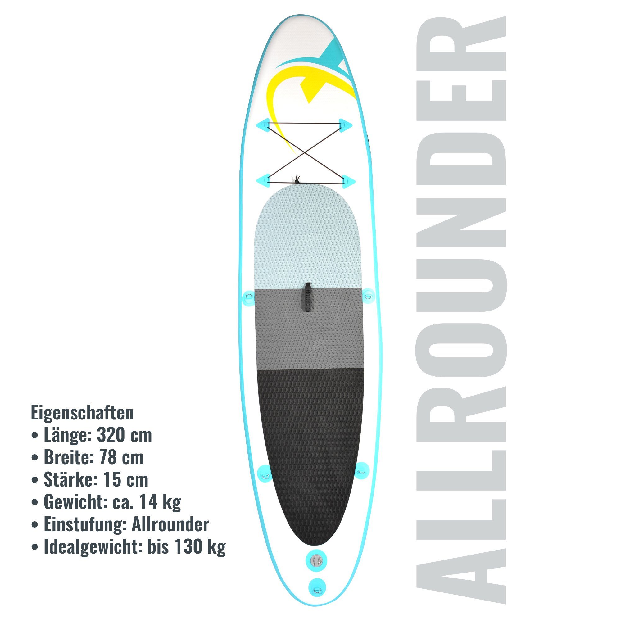 NEMAXX Inflatable SUP-Board, Nemaxx PB320 Stand up Paddle Board 320x78x15cm, türkis/gelb - Surfbrett, Surf-Board - aufblasbar & leicht zu transportieren - inkl. Tasche, Paddel