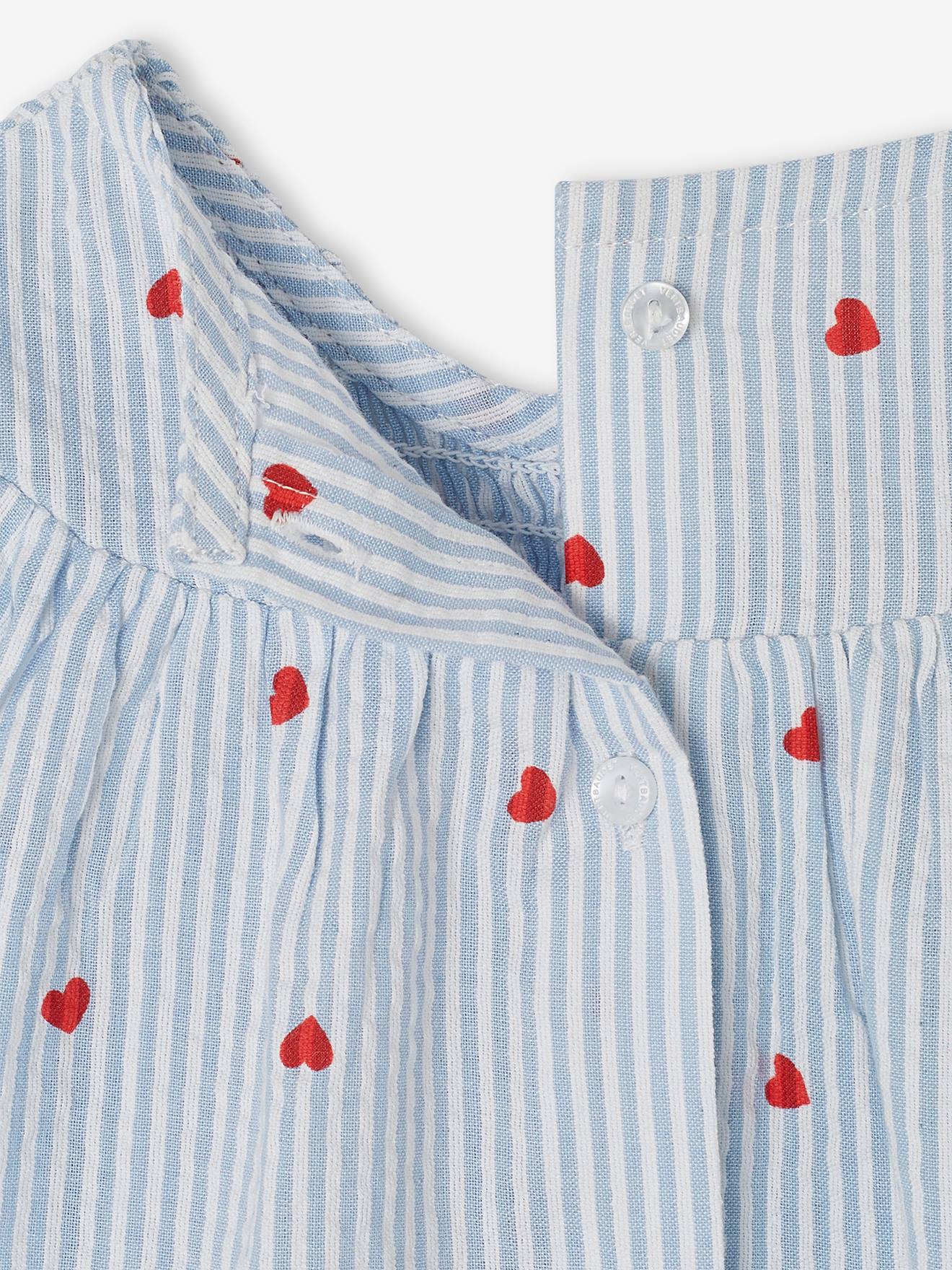 Vertbaudet Baby-Set aus Seersucker: Kleid, Shorts & Haarband - blau gestreift