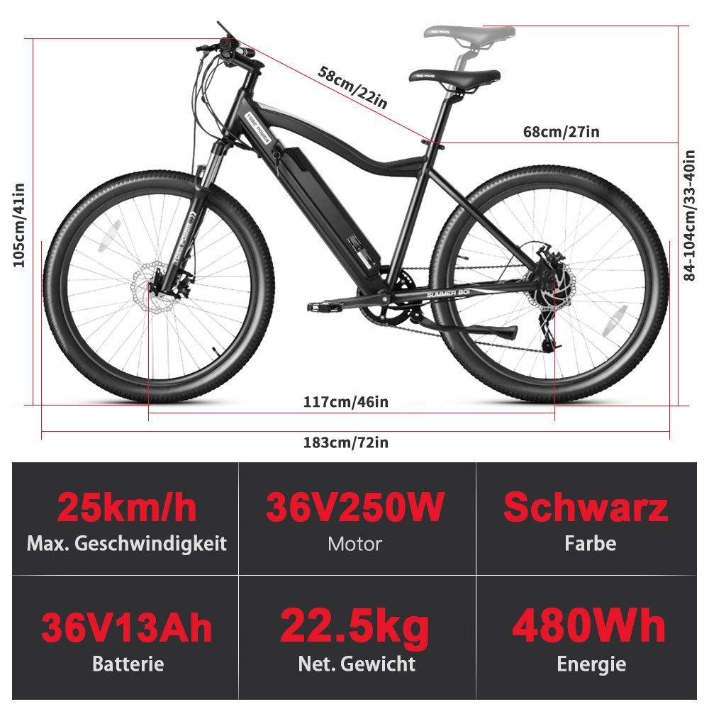 YOSE POWER E-Bike 27,5 Zoll E-Mountainbike E-MTB mit 36V 13Ah Akku, 7 Gang Shimano, Kettenschaltung, Heckmotor, 480,00 Wh Akku