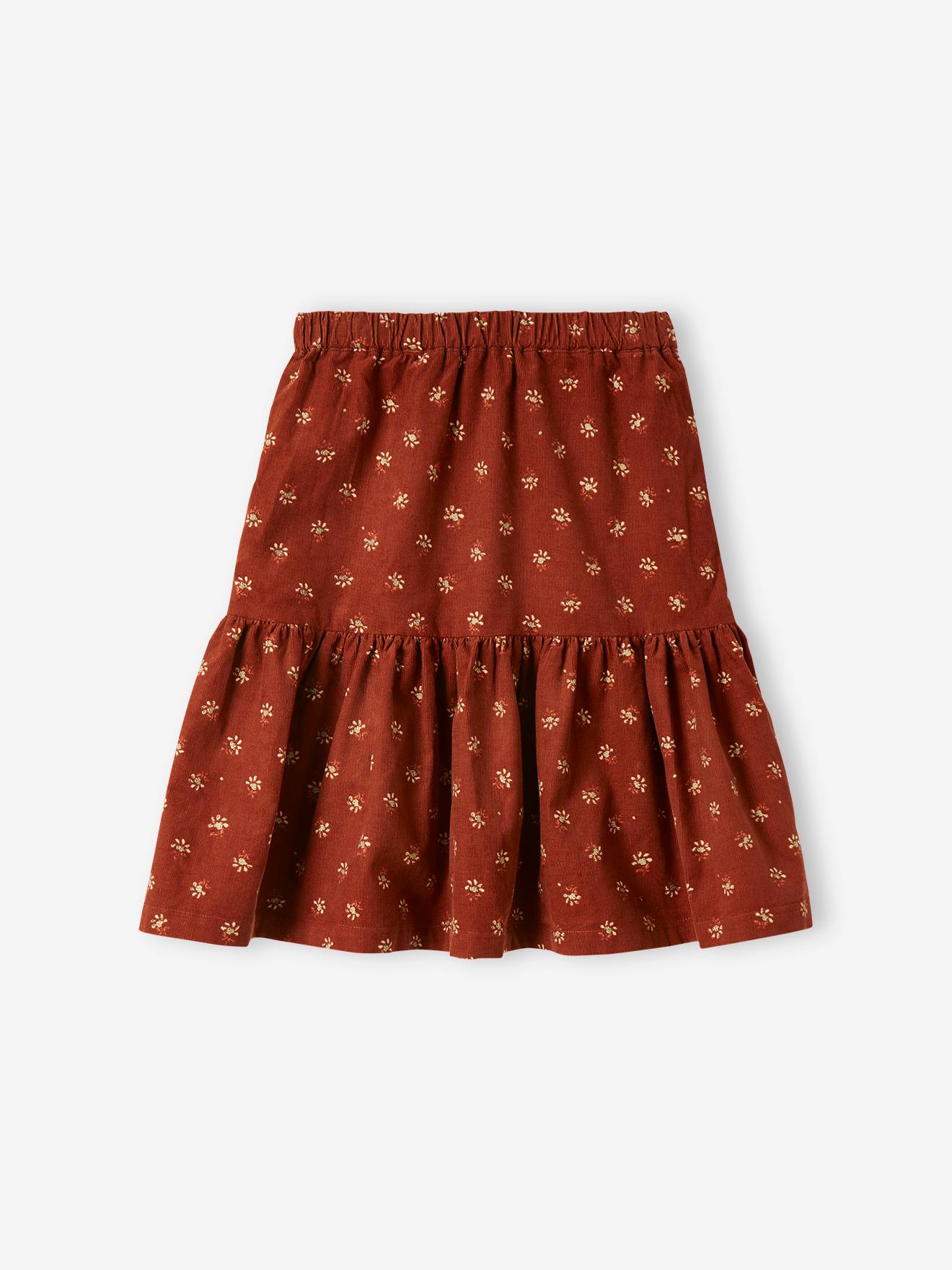 Jupe en velours fille motifs fleurs détails irisés marron imprimé