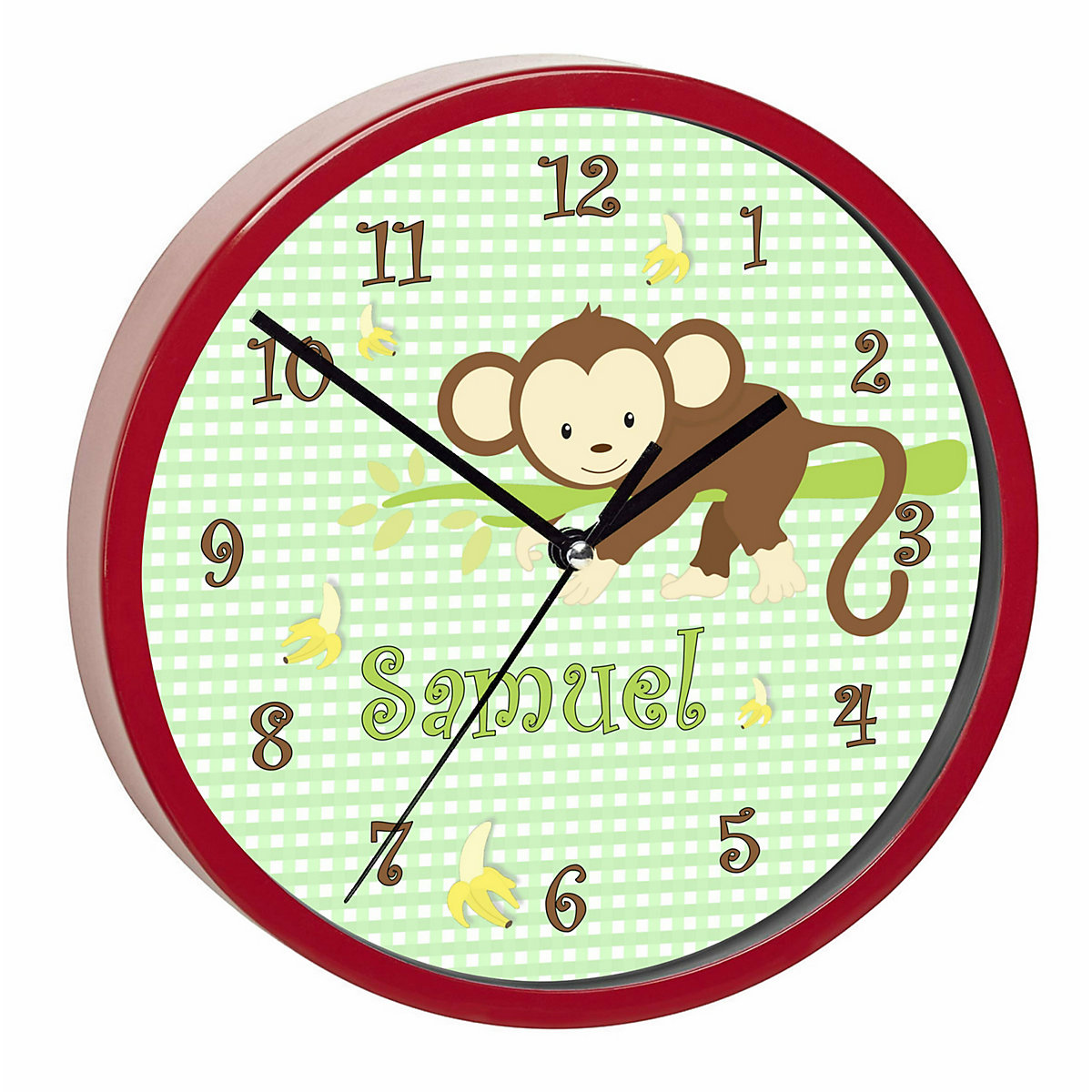 Kinder Wanduhr personalisiert mit Name Affe hängend Grün